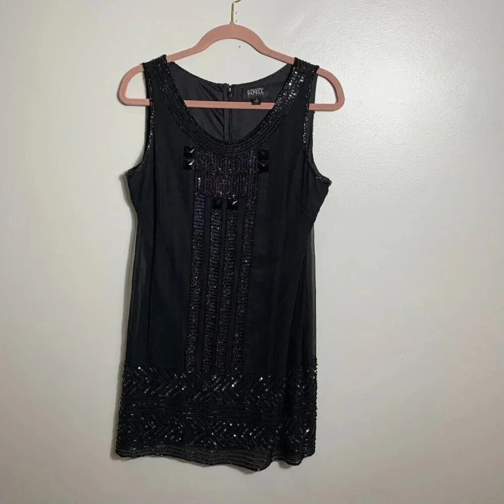 Adrianna Papell Silk Sequin Beaded Cocktail Dress Size 10 Formal Holiday NYE